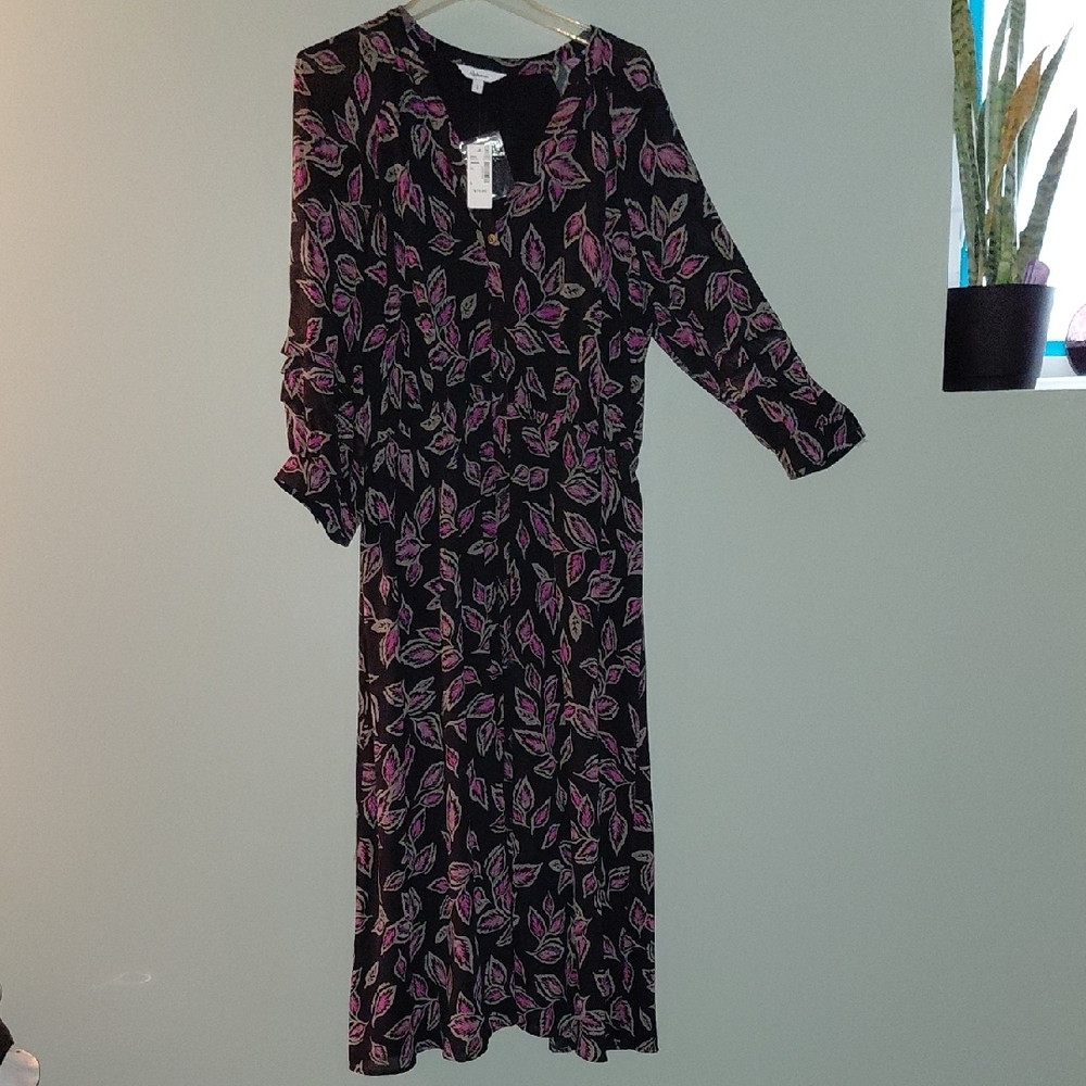 Reitmans Black Maxi Dress with Pink Leaf Print